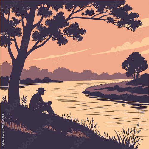 Vector art of a contemplative scene of a man sitting by a river under a tree at sunset, capturing a moment of solitude and reflection in a peaceful natural setting
