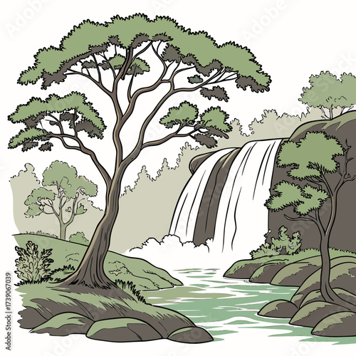 Vector art of scenic waterfall illustration cascading into a tranquil river surrounded by lush greenery, capturing the serene beauty of nature and the harmonious flow of water in a peaceful landscape
