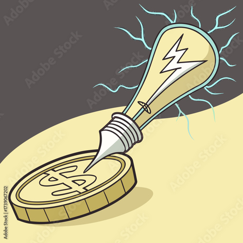 Vector art of a lightbulb pierces a coin, symbolizing innovative financial solutions, creative investment strategies, and the power of ideas to generate wealth and economic growth