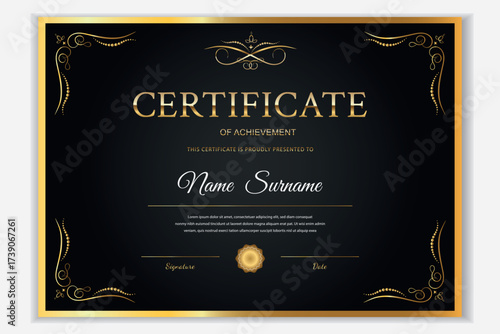 Elegant gold and black certificate template for achievements and recognition. Perfect for diplomas, awards, and official documents. Easily customizable vector design.