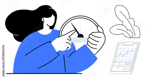 Woman pointing at a speedometer, a financial report with charts on a clipboard, and plants nearby. Ideal for progress tracking, analytics, finance, business growth, evaluation, goal setting simple