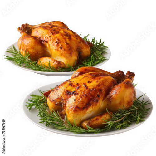 Two perfectly roasted golden brown whole chickens seasoned with herbs served on white plates with fresh rosemary garnish isolated on transparent background