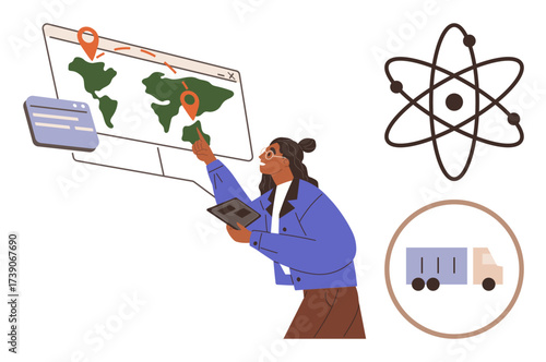 Woman interacting with digital global map on screen, pinpointing locations. Elements include atom structure, cargo truck, and logistics dashboard. Ideal for research, logistics, innovation, data