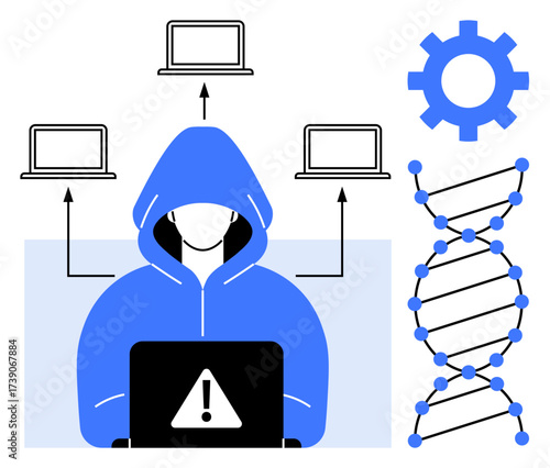 Hooded hacker with alert screen intercepting data from laptops, gear symbol, and DNA strand. Ideal for cybersecurity, data breach, biotechnology, hacking, bioinformatics, network security technology