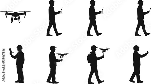 Drone operator silhouettes, UAV remote control illustration, aerial technology artwork, modern