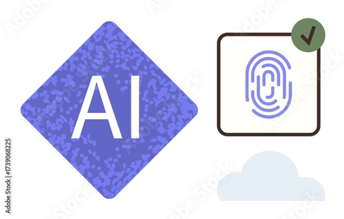 AI symbol beside fingerprint authentication icon with verification checkmark and cloud. Ideal for data security, AI, cloud computing, biometrics, technology, digital identity, innovation. Simple flat