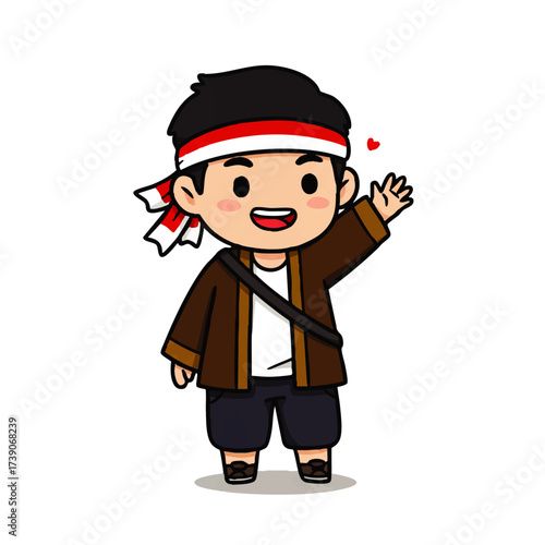Cute vector illustration of Indonesian young man character wearing red and white headband, waving hand. Perfect for Youth Pledge Day (Sumpah Pemuda) design, posters, banners, and social media content.