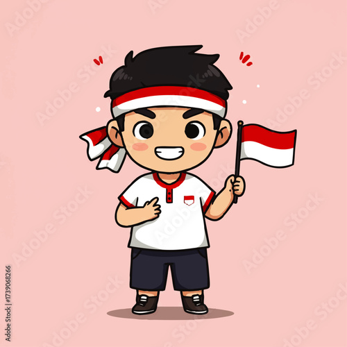 Cute vector illustration of Indonesian young man character wearing red and white headband, waving hand. Perfect for Youth Pledge Day (Sumpah Pemuda) design, posters, banners, and social media content.