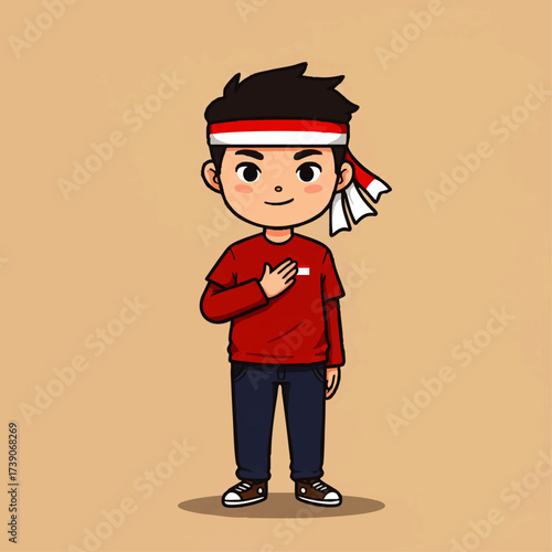Cute vector illustration of Indonesian young man character wearing red and white headband, waving hand. Perfect for Youth Pledge Day (Sumpah Pemuda) design, posters, banners, and social media content.