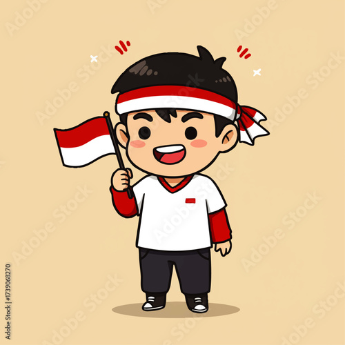 Cute vector illustration of Indonesian young man character wearing red and white headband, waving hand. Perfect for Youth Pledge Day (Sumpah Pemuda) design, posters, banners, and social media content.