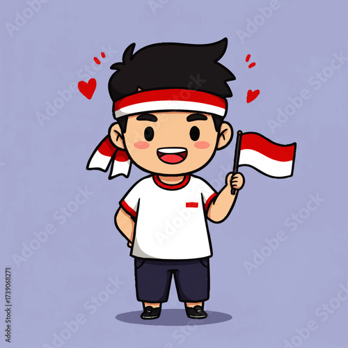 Cute vector illustration of Indonesian young man character wearing red and white headband, waving hand. Perfect for Youth Pledge Day (Sumpah Pemuda) design, posters, banners, and social media content.