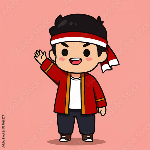 Cute vector illustration of Indonesian young man character wearing red and white headband, waving hand. Perfect for Youth Pledge Day (Sumpah Pemuda) design, posters, banners, and social media content.