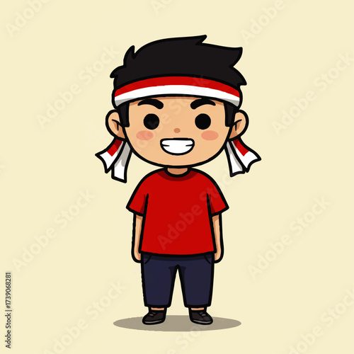 Cute vector illustration of Indonesian young man character wearing red and white headband, waving hand. Perfect for Youth Pledge Day (Sumpah Pemuda) design, posters, banners, and social media content.