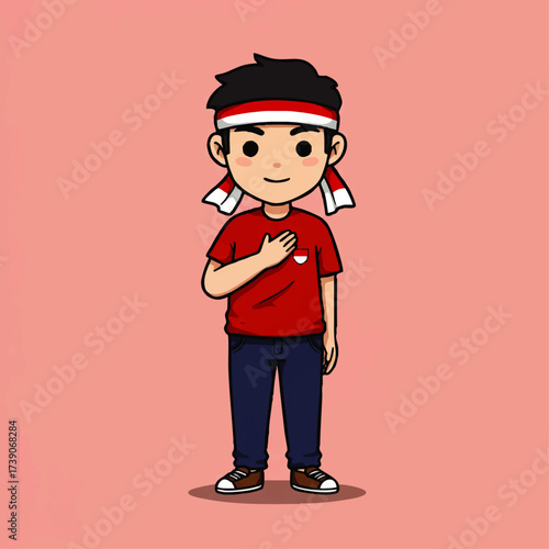 Cute vector illustration of Indonesian young man character wearing red and white headband, waving hand. Perfect for Youth Pledge Day (Sumpah Pemuda) design, posters, banners, and social media content.
