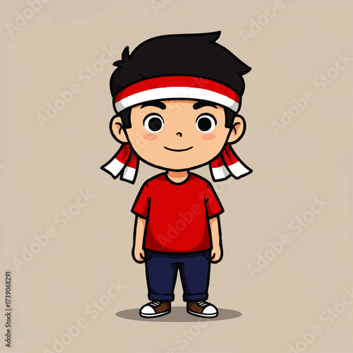 Cute vector illustration of Indonesian young man character wearing red and white headband, waving hand. Perfect for Youth Pledge Day (Sumpah Pemuda) design, posters, banners, and social media content.