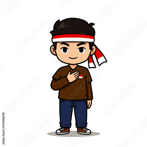 Cute vector illustration of Indonesian young man character wearing red and white headband, waving hand. Perfect for Youth Pledge Day (Sumpah Pemuda) design, posters, banners, and social media content.