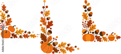 Three autumn-themed corner decorations with pumpkins, acorns, leaves, and berries in fall colors Isolated cutout on a transparent background
