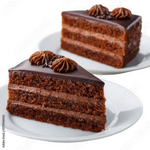 Decadent rich chocolate cake slices with creamy frosting and chocolate ganache on white plates isolated on transparent background