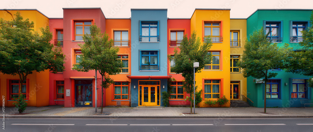 Naklejka premium Colorful buildings lined up on a street showcasing vibrant facades and lively architecture in a sunny urban setting
