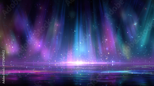 Colorful light rays dance across a serene water surface at night in a magical atmosphere