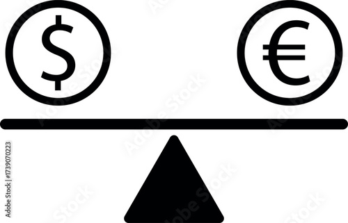 Dollar and euro comparison icon . Euro and dollar signs on weight scale icon . Vector illustration