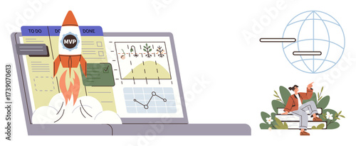 Rocket launching from laptop amid growth charts and task boards, with a team discussing goals nearby. Ideal for business growth, innovation, teamwork, agile workflow, entrepreneurship, goal setting