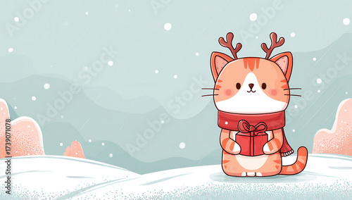 Cute orange cat with antlers holding a gift in a snowy landscape during winter festivities