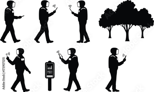 Wireless communication silhouettes, mobile device usage, outdoor technology illustration, digital