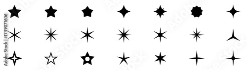 Stars icon collection. Different star shapes. Black stars icon set.  Sparkle star icon set. Vector illustration