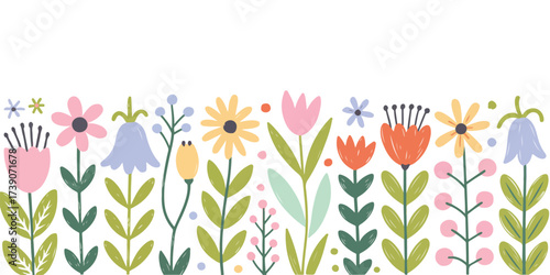 A whimsical, hand-drawn floral pattern illustration on a white background. The pattern features a collection of simple, stylized flowers and leaves in pastel colors. 