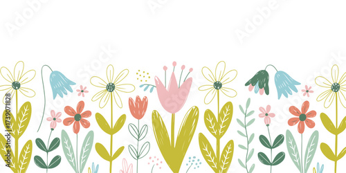 A whimsical, hand-drawn floral pattern illustration on a white background. The pattern features a collection of simple, stylized flowers and leaves in pastel colors. 