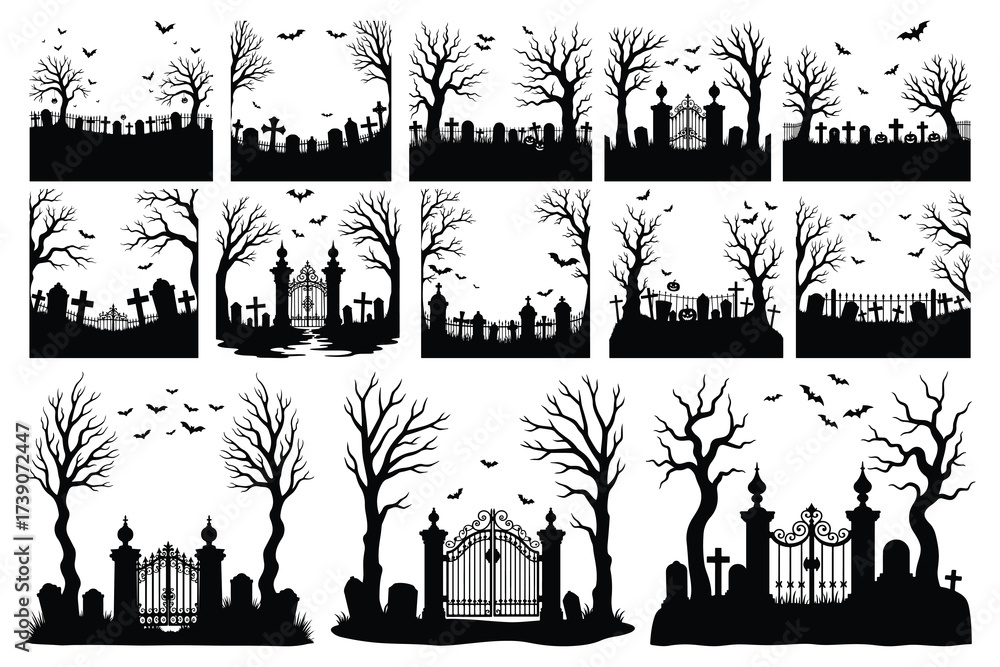 Obraz premium Halloween cemetery gate trees bats gravestones silhouette collection