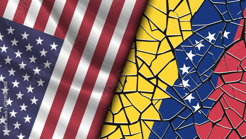 Vector wavy national flag of United States of America. Broken flag of Bolivarian Republic of Venezuela. Relations between countries. American and Venezuelan. Political economic banner