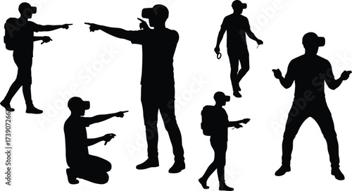 Virtual reality silhouettes, VR headset users, immersive gaming illustration, technology concept art,