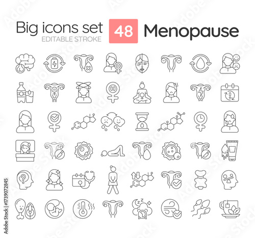Menopause line icons set. Fertility period ending. Women health diagnostic. Wellness in female mature age. Isolated vector outline illustrations. Thin lineart iconset symbols. Editable stroke