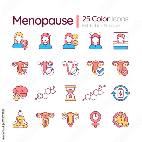 Menopause line color icons set. Mature stage of femininity. Reproductive health support. Gynecological diagnostic. Vector illustrations. Simple flat colorful symbols collection. Editable stroke