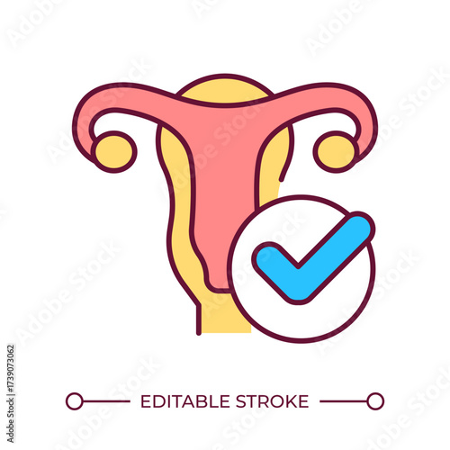Reproductive health line color icon. Healthy uterus with tick mark. Gynecological examination. Women body examination. Isolated vector illustration. Flat colorful symbol design. Editable stroke