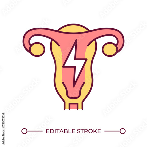 Dyspareunia line color icon. Painful sexual intercourse. Uterus with lightning. Isolated vector illustration. Vaginal pain problem. Women health problem. Flat colorful symbol design. Editable stroke