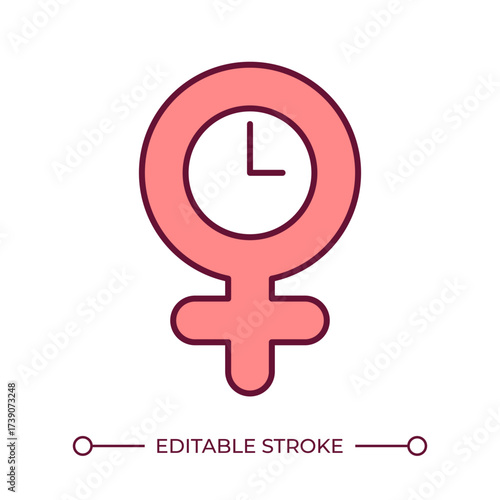 Perimenopause line color icon. Venus mirror with clock. Fluctuate estrogen levels. Unpredictive periods. Menopause stage. Isolated vector illustration. Flat colorful symbol design. Editable stroke