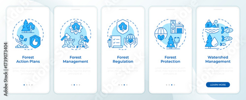 Forest policy blue onboarding mobile app screen. Watershed management. Walkthrough 5 steps editable graphic instructions with linear concepts. UI, UX, GUI. Montserrat SemiBold, Regular fonts used