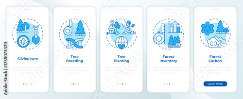 Reforestation methods blue onboarding mobile app screen. Walkthrough 5 steps editable graphic instructions with linear concepts. UI, UX, GUI. Montserrat SemiBold, Regular fonts used
