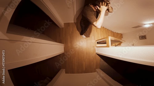 A desperate man holds his head and paces nervously in a hallway, filmed from above.