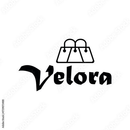Velora logo with a shopping bag icon, black and white branding for shopping and retail