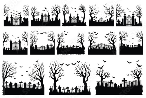 Halloween graveyard scenes with bare trees bats and gates