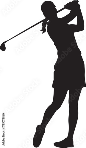 Dynamic black silhouette of a woman golfer in mid swing capturing the athleticism and focus of the sport