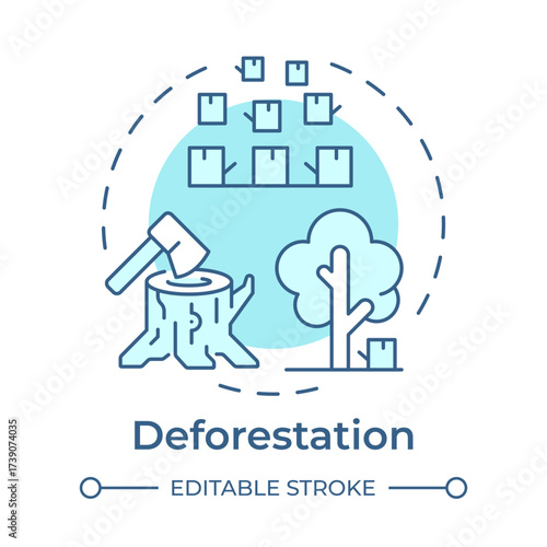 Deforestation soft blue concept icon. Illegal logging, timber. Forest damage, environment. Round shape line illustration. Abstract idea. Graphic design. Easy to use in brochure, booklet