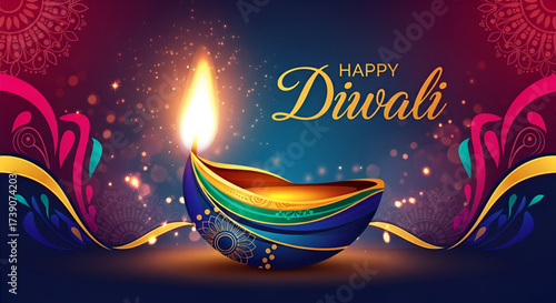 ​A Happy Diwali Banner With An Abstract Glowing Diya And Luminous Ornate Waves On A Gradient