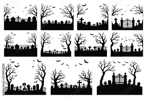 Halloween graveyard silhouettes with bare trees and bats