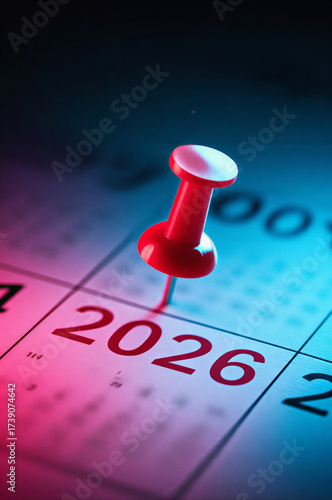 Marking 2026 on Calendar with Red Pin Future Planning and Deadlines