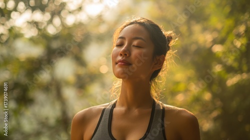 Medium view of a healthy Asian adult outdoors, standing in nature, closing eyes while taking a deep breath of fresh air, smiling with a calm and energized expression, posture open and relaxed
